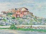 tableau représentant une maison sur une colline, avec une route au premier plan et une autre maison sur une colline à l'arrière-plan