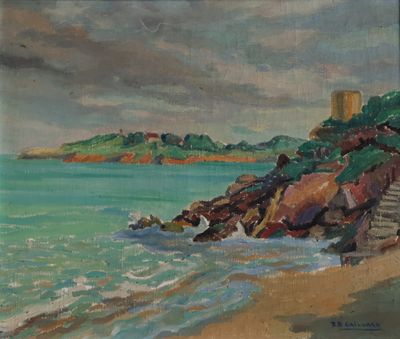 une image représentant une peinture d'une plage rocheuse avec un phare au loin