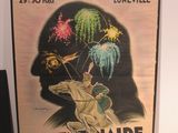 une affiche représentant un homme à cheval, avec des feux d'artifice en arrière-plan