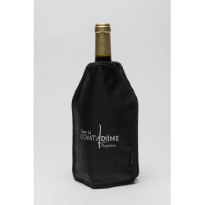 a bottle of wine in a black bag on a white background