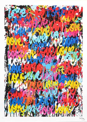 une peinture abstraite représentant des graffitis colorés sur fond blanc