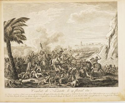an engraving of a battle between two men and a horse