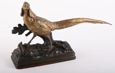 bronze statue of a pheasant on a wooden base on a white background