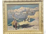 une peinture à l'huile représentant un bateau sur une plage, avec un homme debout à côté
