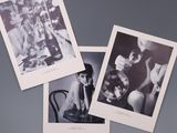 four black and white photographs of a woman sitting at a table with a glass of wine