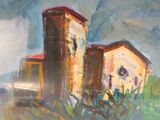 une peinture à l'huile représentant une maison et un camion dans un champ