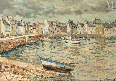 painting of boats on the water in front of a row of houses