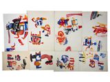 several paintings of different shapes and sizes are displayed on a white surface