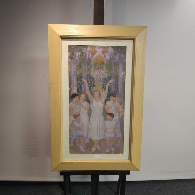 un tableau représentant un groupe d'enfants debout devant une croix