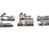 three silver plated figurines of animals and horses on a white background
