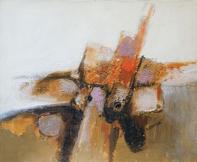 abstract painting of a cross on a white background with orange and brown colors