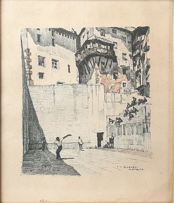 drawing of a man sitting on a bench in front of a building