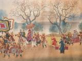 a painting of a group of people with umbrellas