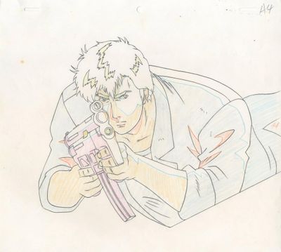 dessin représentant un homme armé, allongé par terre