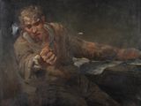 tableau représentant un vieil homme assis à une table, un bout de papier à la main
