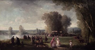 tableau représentant un groupe de personnes dans un parc au bord d'un lac