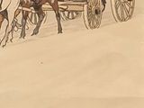 a drawing of a horse drawn carriage being pulled by two horses