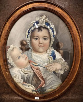 a painting of a young girl holding a baby in her arms