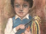 painting of a young boy holding a toy and a broom