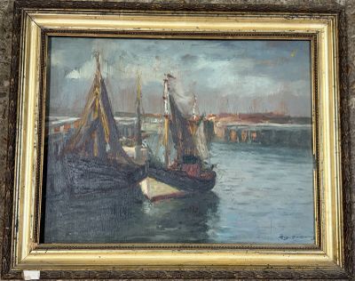 a picture of a painting of boats in the water