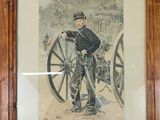 painting of a man in uniform standing next to a large wheel