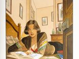 a painting of a woman reading a book on a bed