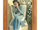 painting of a woman in a blue dress sitting on a chair