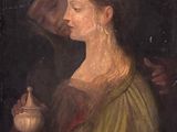 une peinture à l'huile représentant une femme tenant une tasse et un homme