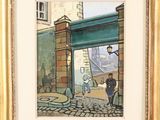 painting of a man and a woman walking down a cobblestone street in front of a building