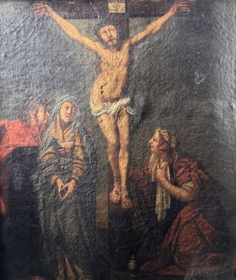 une image d'une peinture de jésus sur la croix avec d'autres personnes