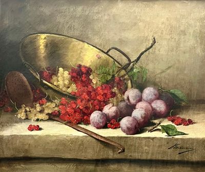 un tableau représentant un bol de prunes et de raisins posé sur un rebord