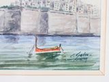 a painting of a boat in the water with a castle in the background