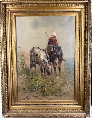 an oil painting of a man riding a horse next to a cow