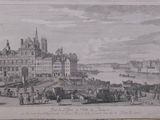 drawing of a view of a city with a castle in the background