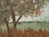 an oil painting of a dirt road with a tree in the background