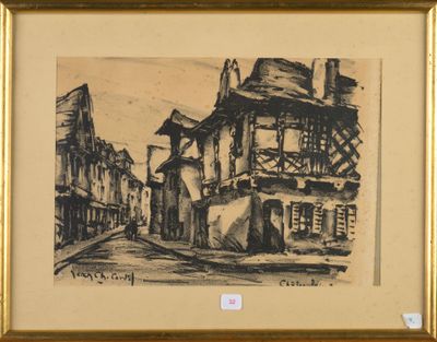 drawing of a street scene with buildings and a man walking down the street