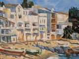 a painting of boats on the shore of a town