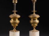 a pair of antique brass and marble lamps