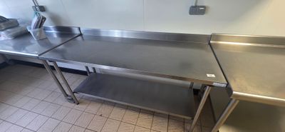 a stainless steel table in a commercial kitchen