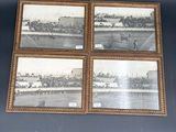 three framed pictures of a race track with horses and jockeys