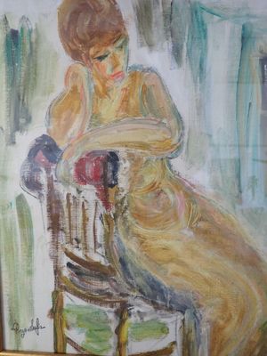 une peinture représentant une femme assise sur une chaise