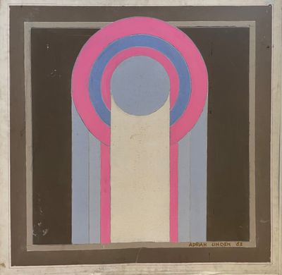 a painting of a pink and blue circle on a brown background
