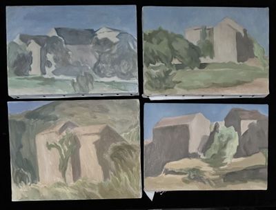 four paintings of a mountain scene are shown in four different frames