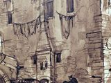a drawing of a boat in the water near a building