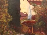 une peinture à l'huile représentant une fontaine dans un jardin, avec un bâtiment en arrière-plan