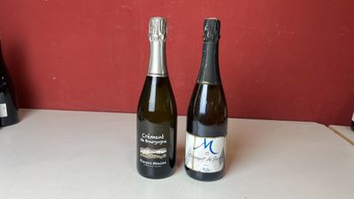 deux bouteilles de vin posées l'une à côté de l'autre sur un comptoir