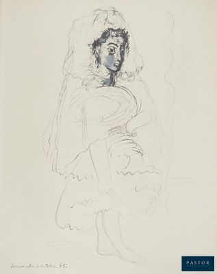 un dessin représentant une femme en robe blanche, coiffée d'un voile