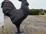 une statue représentant un coq posé sur un rocher dans un parking
