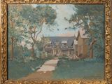 une peinture à l'huile représentant une maison et un sentier dans un environnement boisé