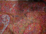 a close up of a red and blue paisley print bag